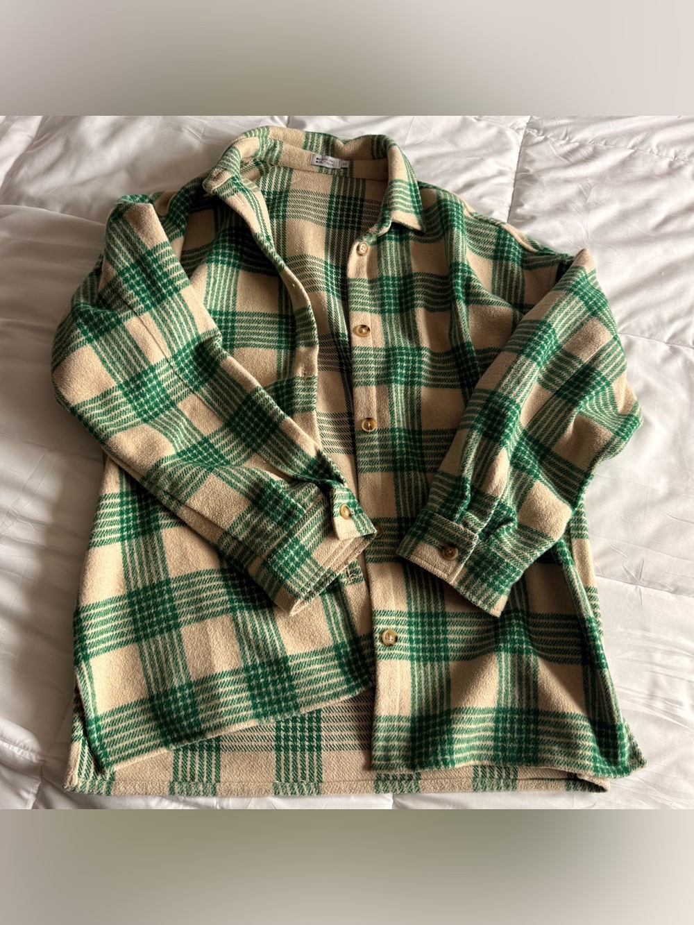 Beginning Boutique Beige and Green Plaid Button-Up Shirt Jacket